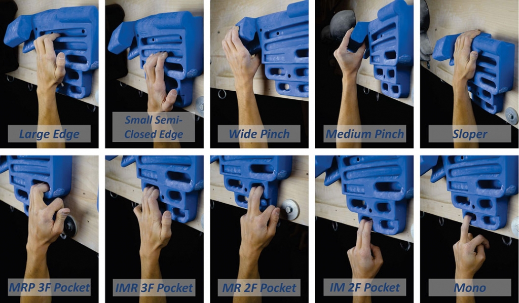 An assortment of popular hangboard grip positions. Select 8-10 of these grips for the Beginner Hangboard Routine (photo by Frederik Marmsater)